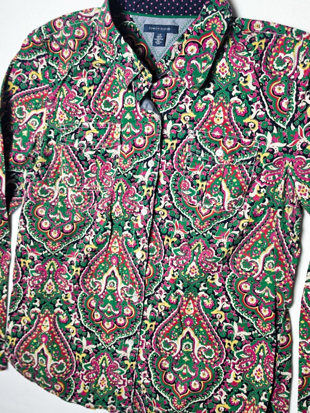 Large Tommy Hilfinger womens paisley button down shirt roll tab sleeve green